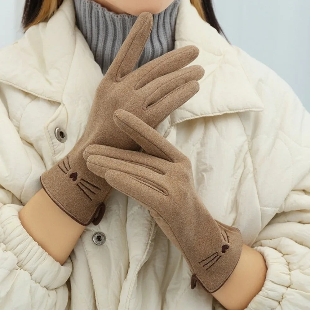 Cat Embroidered Touchscreen Winter Gloves for Women – Plush Acrylic