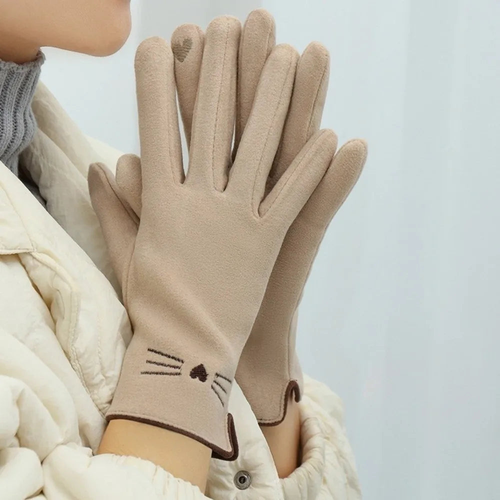 Cat Embroidered Touchscreen Winter Gloves for Women – Plush Acrylic