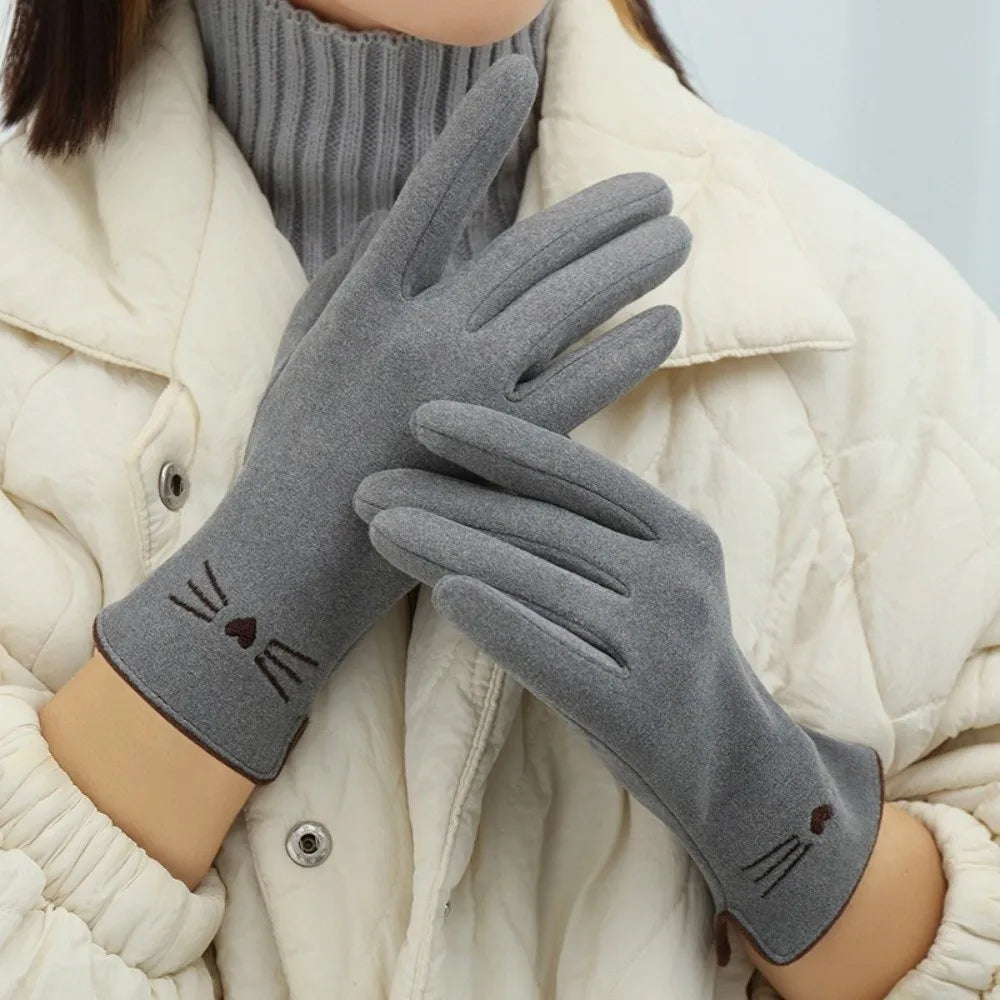 Cat Embroidered Touchscreen Winter Gloves for Women – Plush Acrylic