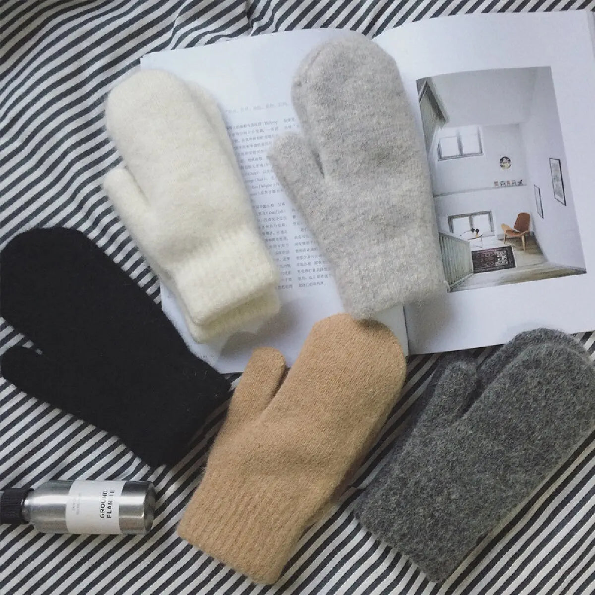 Cashmere Knit Mittens with Faux Rabbit Fur for Women
