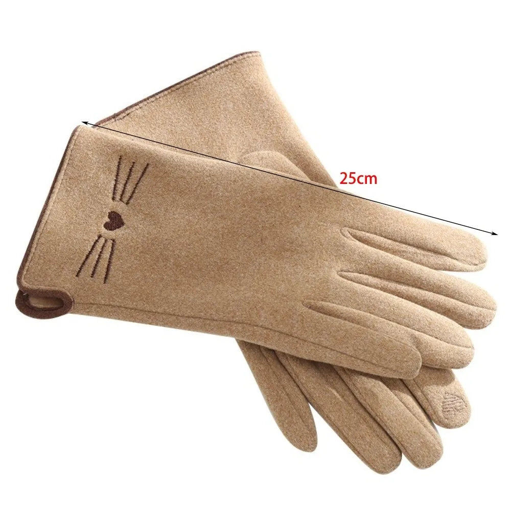 Cat Embroidered Touchscreen Winter Gloves for Women – Plush Acrylic