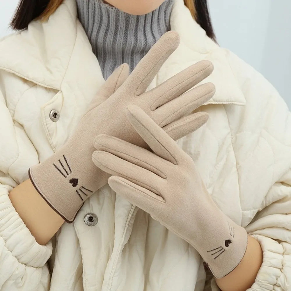 Cat Embroidered Touchscreen Winter Gloves for Women – Plush Acrylic