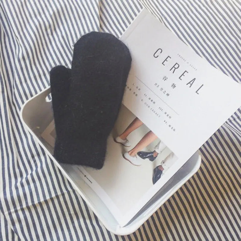 Cashmere Knit Mittens with Faux Rabbit Fur for Women