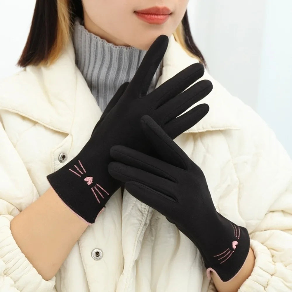 Cat Embroidered Touchscreen Winter Gloves for Women – Plush Acrylic