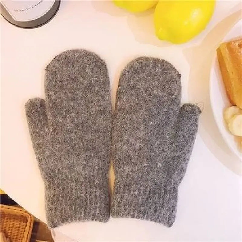 Cashmere Knit Mittens with Faux Rabbit Fur for Women