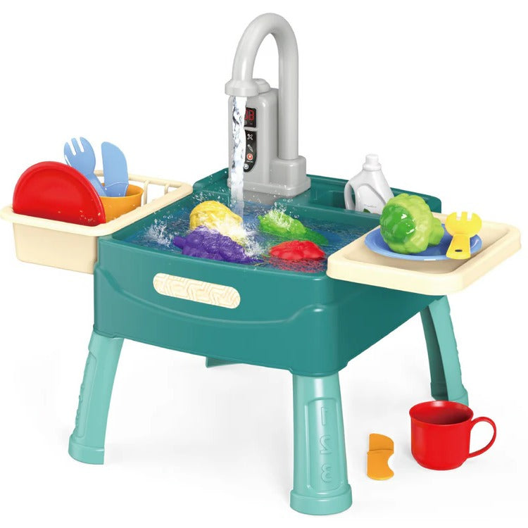 Children's Play Kitchen with Real Flowing Water Tap – Green, Red or Bl