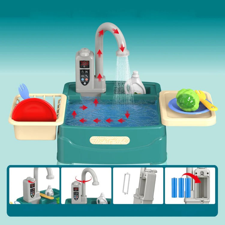 Children's Play Kitchen with Real Flowing Water Tap – Green, Red or Bl