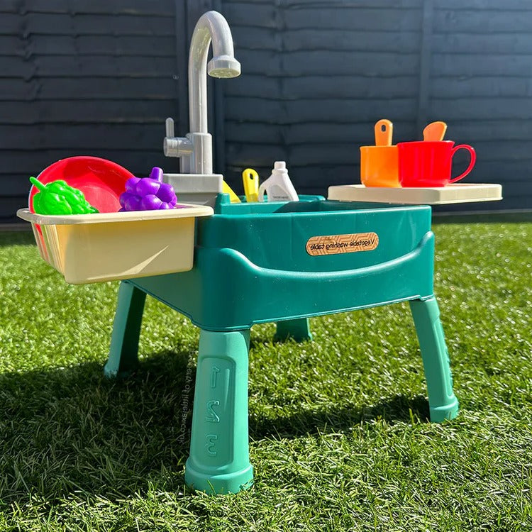 Children's Play Kitchen with Real Flowing Water Tap – Green, Red or Bl