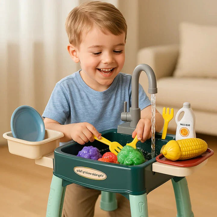 Children's Play Kitchen with Real Flowing Water Tap – Green, Red or Bl