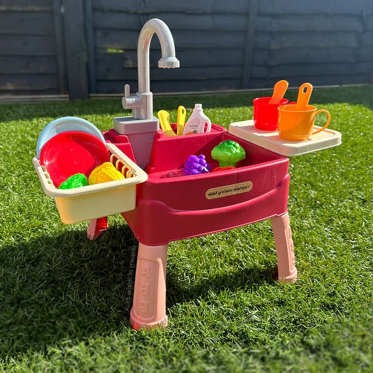 Children's Play Kitchen with Real Flowing Water Tap – Green, Red or Bl