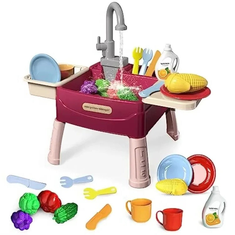Children's Play Kitchen with Real Flowing Water Tap – Green, Red or Bl