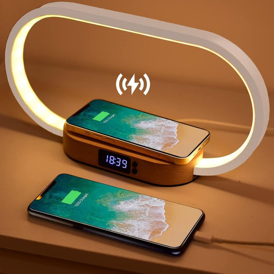 Wireless Charging Alarm Clock with Night Light & Wood Base