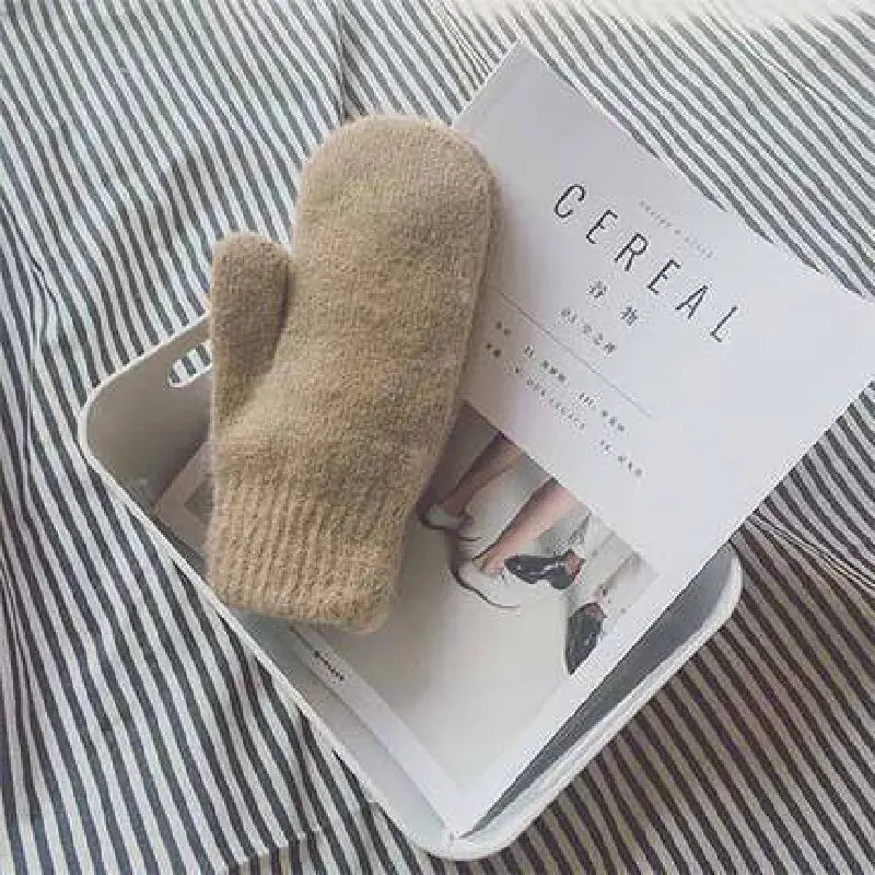 Cashmere Knit Mittens with Faux Rabbit Fur for Women