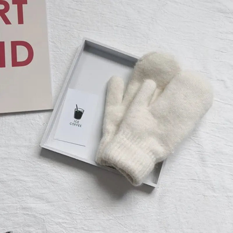 Cashmere Knit Mittens with Faux Rabbit Fur for Women